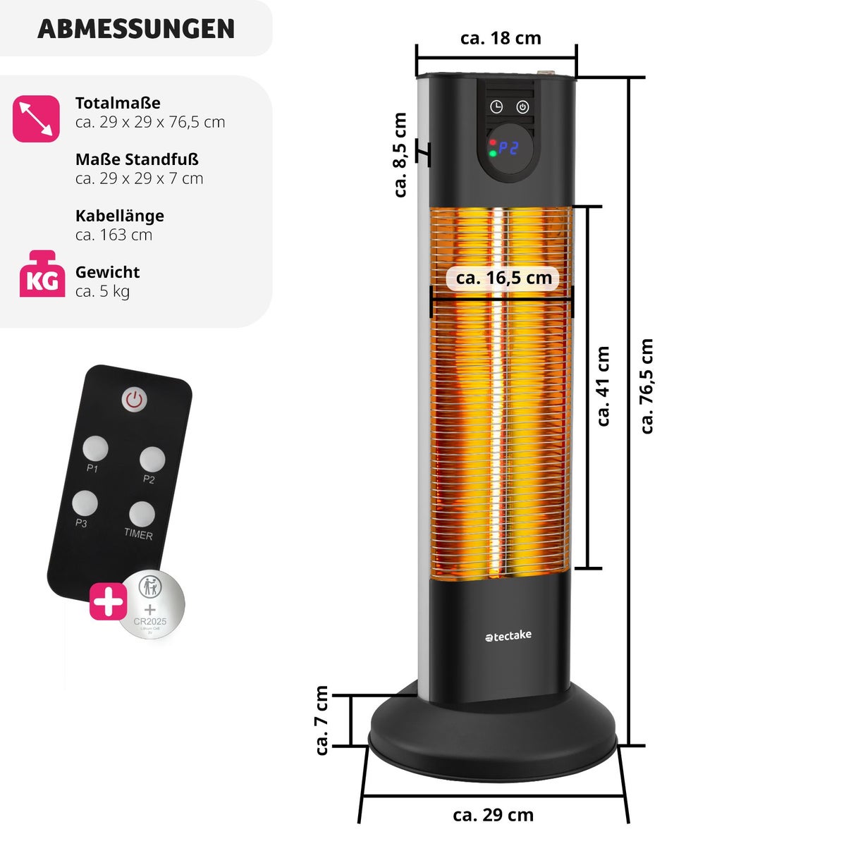 tectake Solaris Terra infraroodstraler, 3 vermogensniveaus 500, 1000 en 1500 W, 29 x 29 x 76,5 cm
