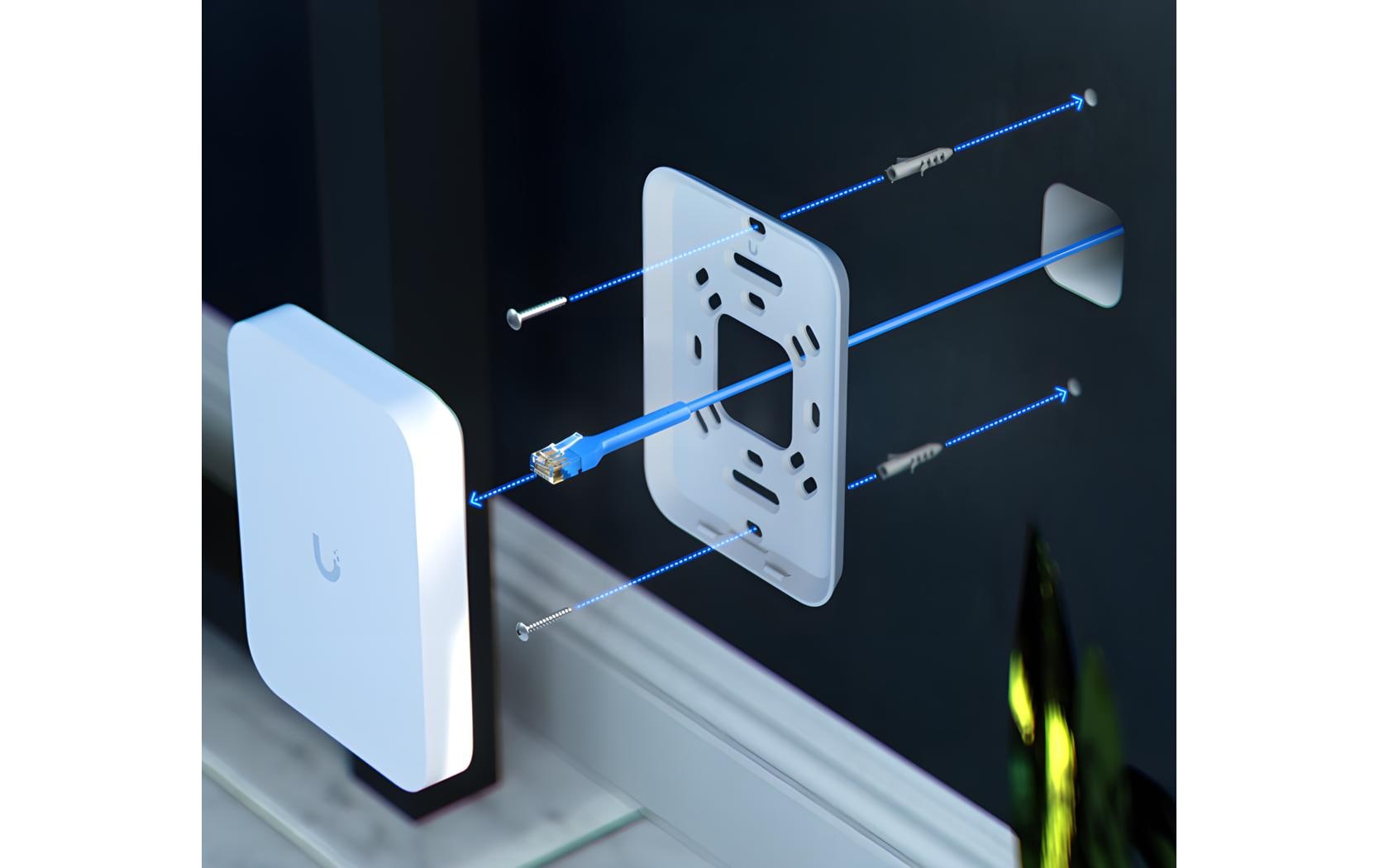 Access Point Unifi U7 In-Wall<br>Wandmontierter WiFi 7 AP mit 4 räumlichen Streams und integriertem 2,5 GbE PoE-Switch für den Einsatz im Gastgewerbe