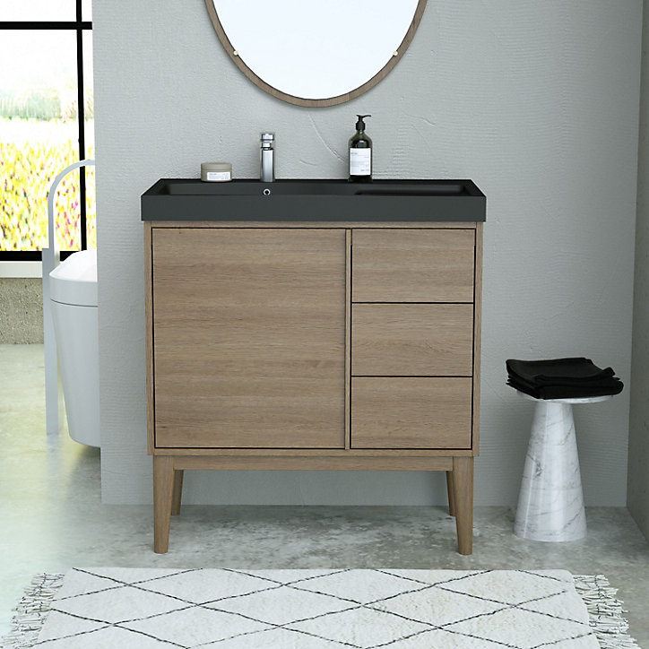 Ensemble meuble sous vasque placage bois Kabayan + plan vasque résine noir Mila l.80 cm