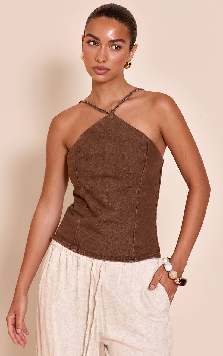 Washed Brown Top En Denim Stretch À Col Licou