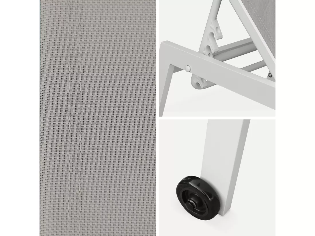 Lot de 2 bains de soleil ELSA en aluminium blanc et textilène taupe. transats multi positions avec roulettes