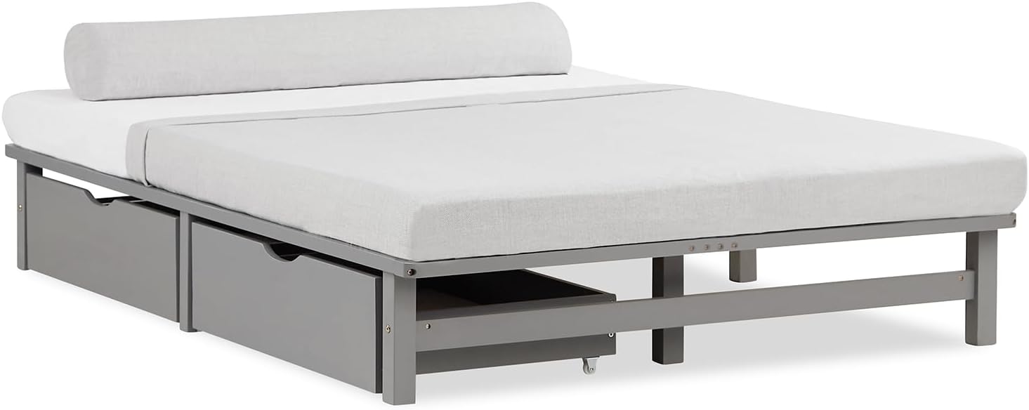 Homestyle4u Holzbett Palettenbett 140x200 cm 2 Schubladen Bettgestell mit Lattenrost Grau Kiefer Massivholz