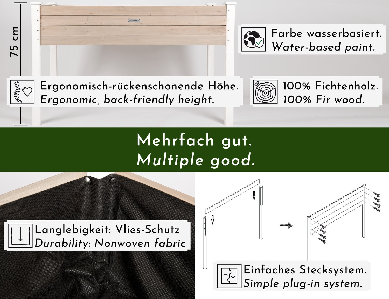 WONDERMAKE - Grote houten verhoogde bak voor tuin, balkon en terras, XL rechthoekige smalle plantenbakset met fleecevoering, kruidentuinbak, wit, grijs, antraciet