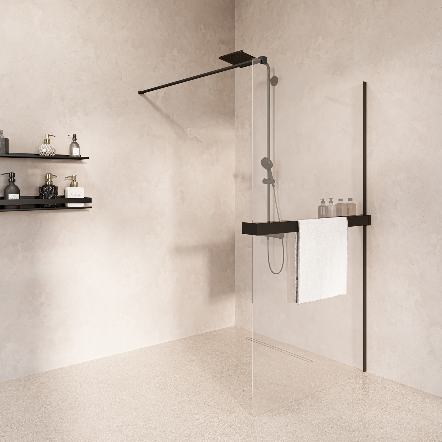 Saniclear Metric inloopdouche 100cm met handdoekhouder en helder glas zwart mat