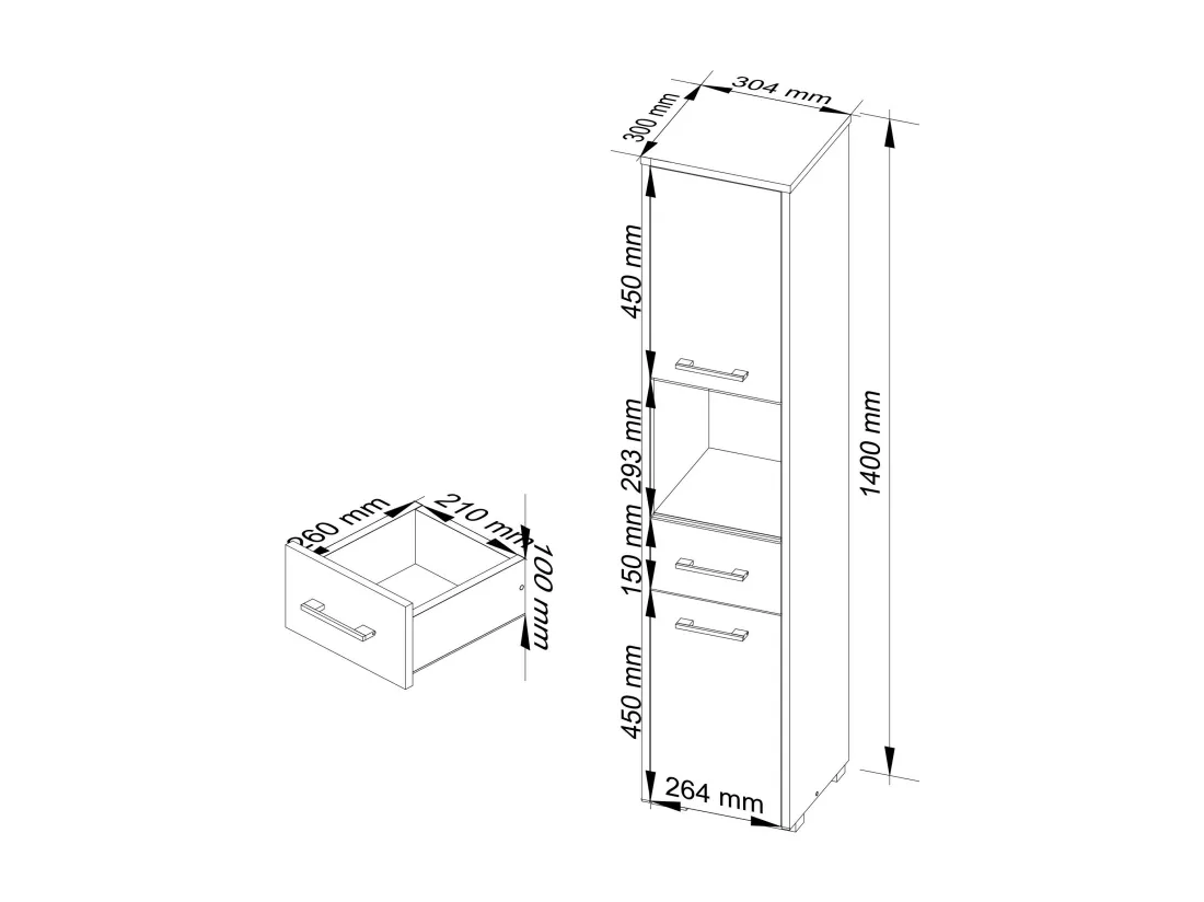 Colonne salle de bains AKORD FIN Blanche 30 cm 2 portes 1 tiroir façade Chêne Sonoma 5 étagères 30x30x140 cm