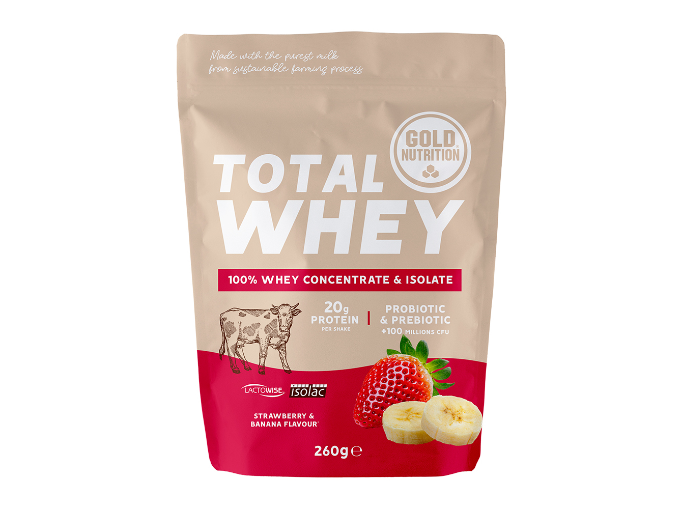 PROTEÍNA GOLDNUTRITION TOTAL WHEY MORANGO BANANA 260G