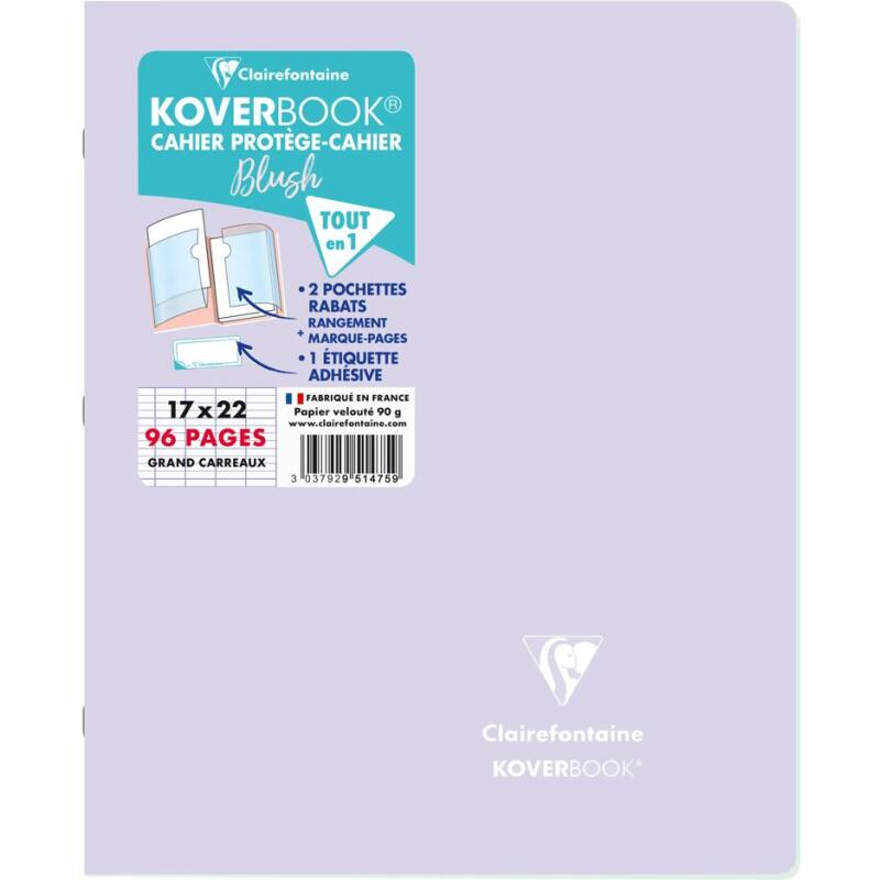 Cahier piqué Koverbook Blush 17x22cm 96 pages grands carreaux couverture polypropylène opaque bicolore - Lilas/Vert tilleul