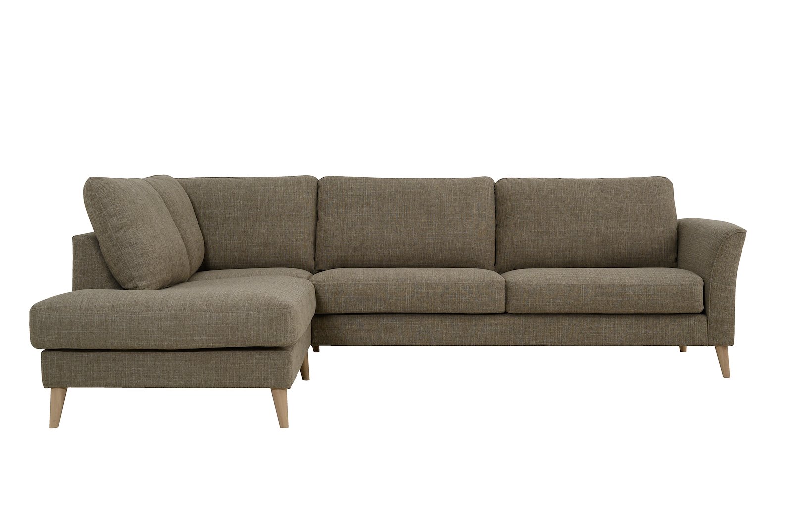Nina hjørnesofa 3-seter med åpen ende venstre i tekstil Oslo 5 Brown med arm A og hvitoljet ben 15583
