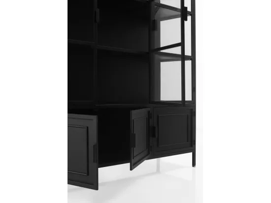 Vitrine avec portes et côtés en verre et structure en métal noir