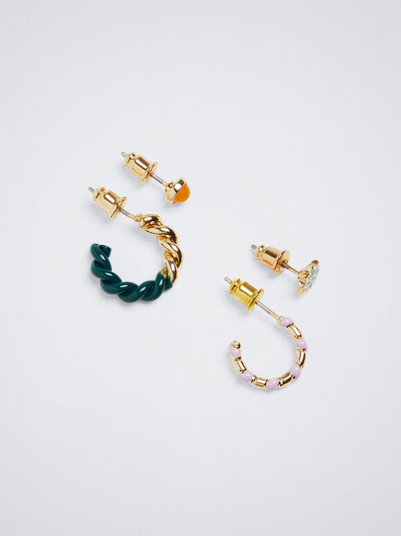 Conjunto de brincos com pedra - Multicolorido