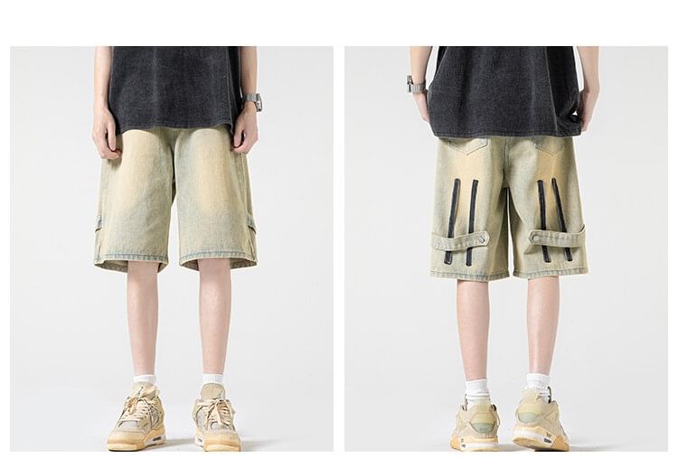 AXEN - High Waist Washed Wide Leg Denim Shorts