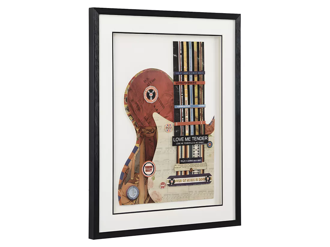 Tableau collage guitare effet 3D HERO avec cadre noir - 50 x 70 cm - Multicolore