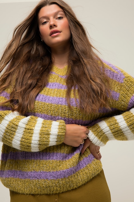 Pullover, oversized, Grobstrick, Streifenmix, Rundhals, Langarm