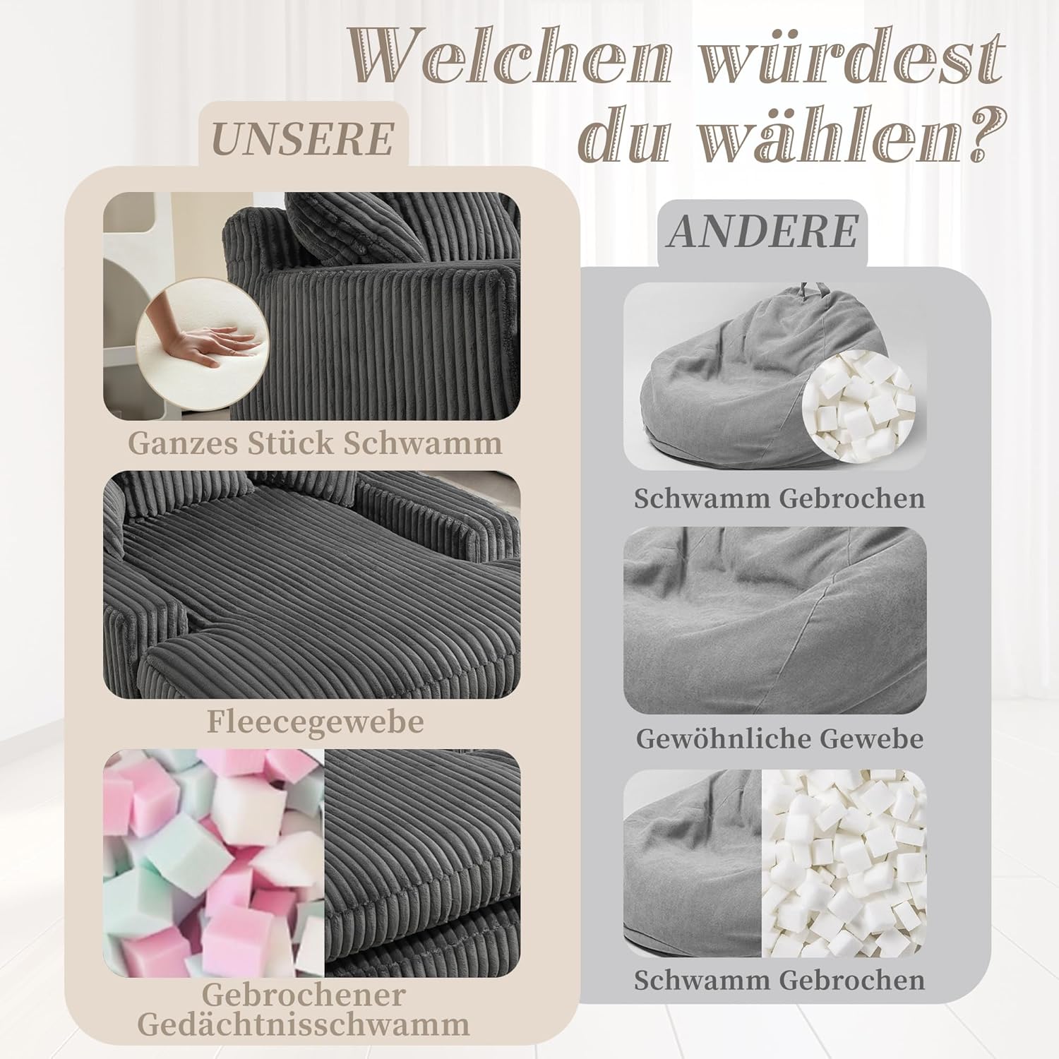 Cord Schlafsofa, Couch mit Armlehnen, Cloud Couch mit 3 Weichen Kissen, Bequemes Einzelsitz-Bodensofa, Loungesofa, Schlafsessel für Wohnzimmer, Schlafzimmer, Büro, 125x155x63 cm, Grau
