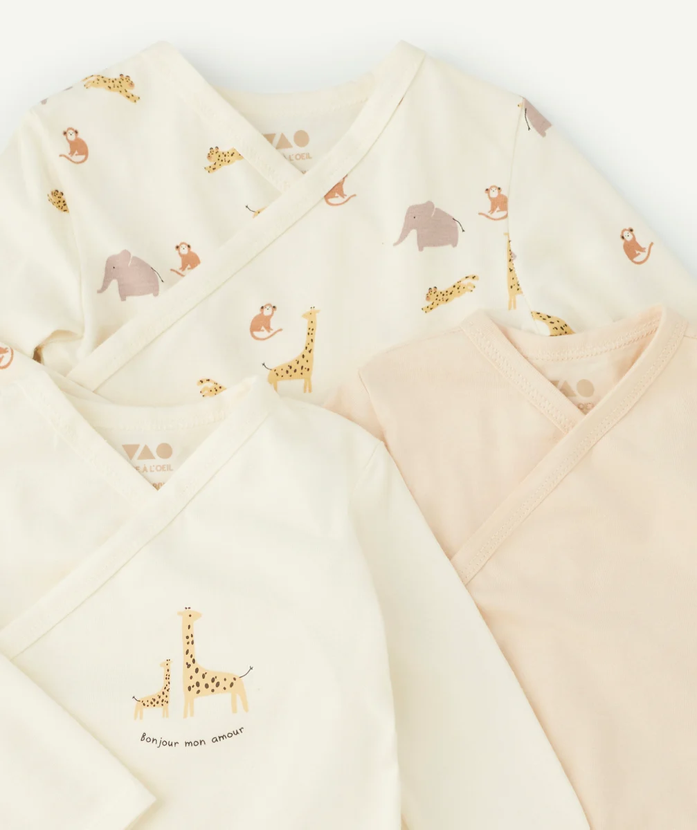 LOT DE 3 BODIES BÉBÉ ÉCRU ET BEIGE THÈME ANIMAUX DE LA SAVANE