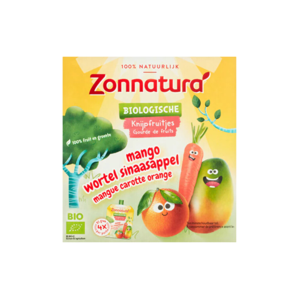 3x Zonnatura Knijpfruit Groente Mango/Wortel/Sinas Biologisch4 x 85 gr