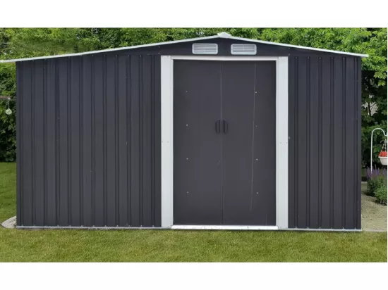 Abri de jardin métal avec abri bûche en acier galvanisé gris 10,29 m² - LERY