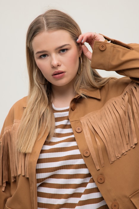Hemdjacke, oversized, Langarm, Taschen, Fransen
