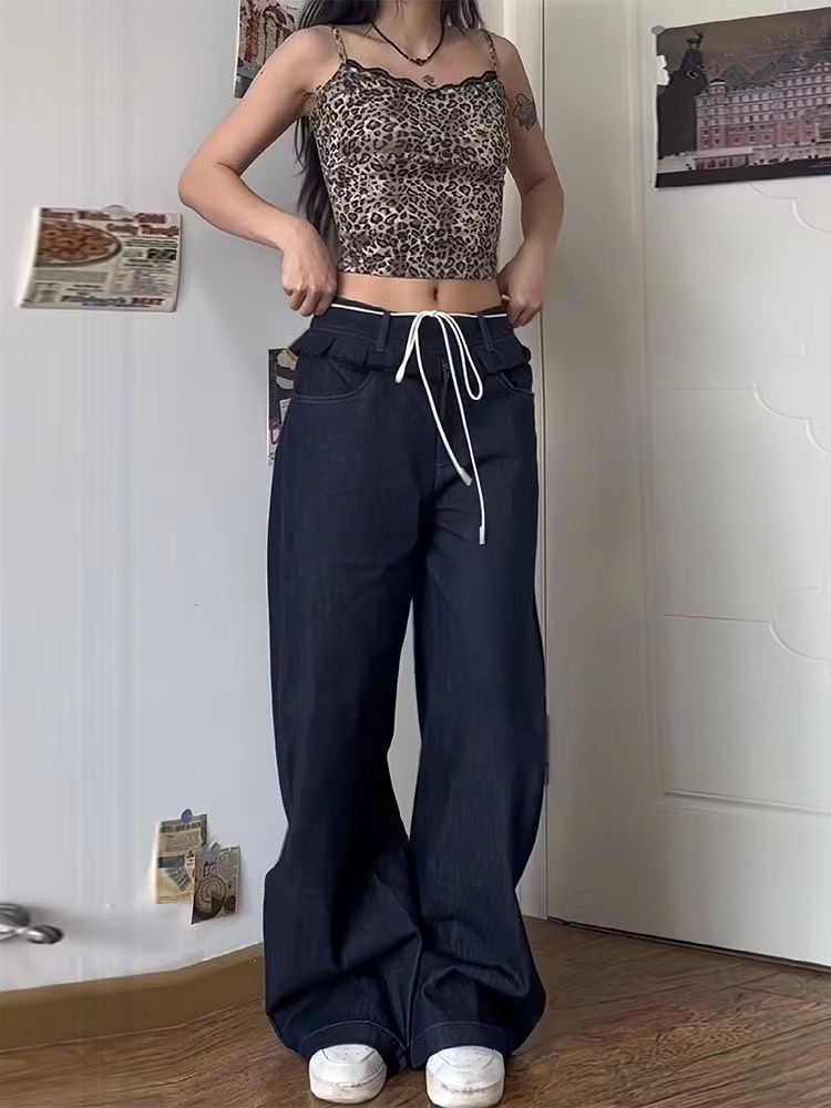 Coline - Lage taille, geplooide afwerking, gewassen wijde cargojeans
