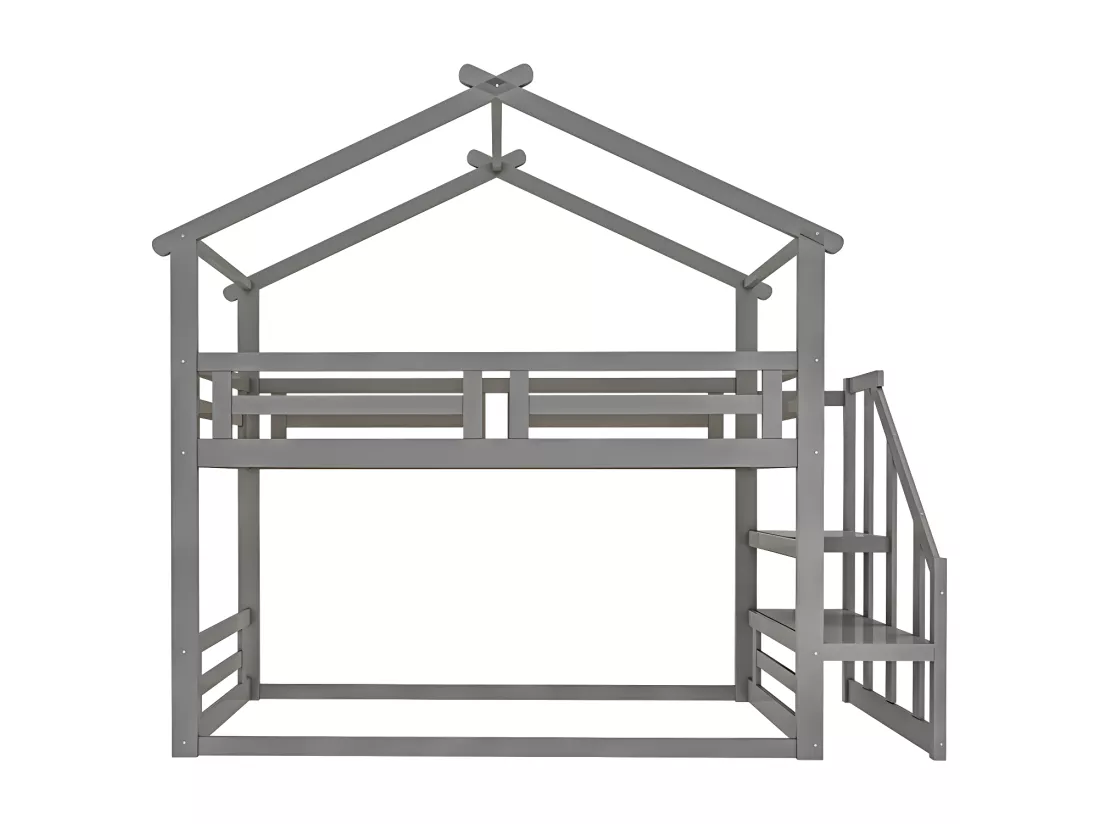 Lit superposé cabane en pin massif avec escalier et sommier à lattes - 90x200cm - Gris