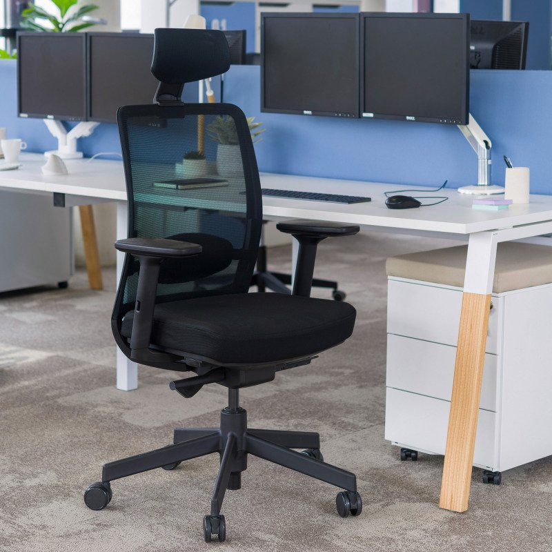 Chaise de bureau ERGO MOOV' - Tissu et maille - Dossier avec soutien lombaire rembourré  - Appui-tête - Accoudoirs - Mécanisme synchrone avec réglage profondeur d'assise