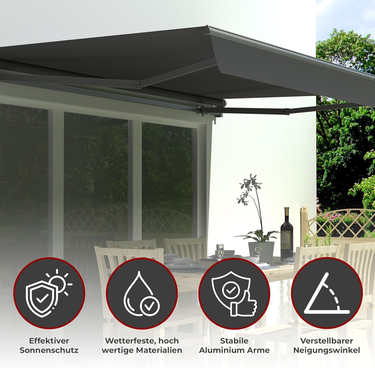 Jet-Line Markise 5 x 3 m in Anthrazit – Sonnenschutz mit Kurbel, UV-Schutz, wetterfest, manuell ausfahrbar, ideal für Terrasse & Balkon