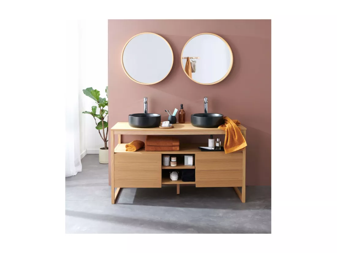 Meuble de Salle De Bain Chêne 140 cm ATOLL + 2 Miroirs + 2 Vasques rondes noires