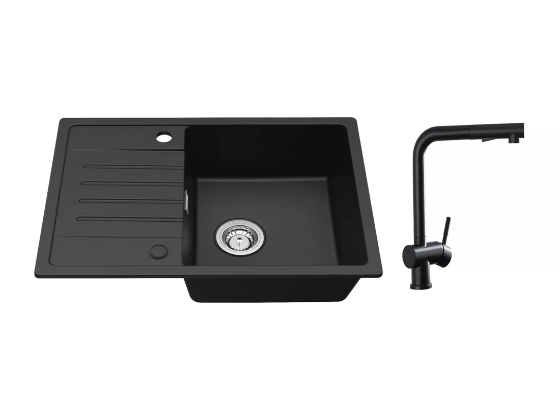 Cecipa max Evier 1 Bac avec Egouttoir Evier à encastrer Quartz Noir 65x45cm + Robinets Cuisine avec Douchette Extractible, Mitigeur d'évier Noir