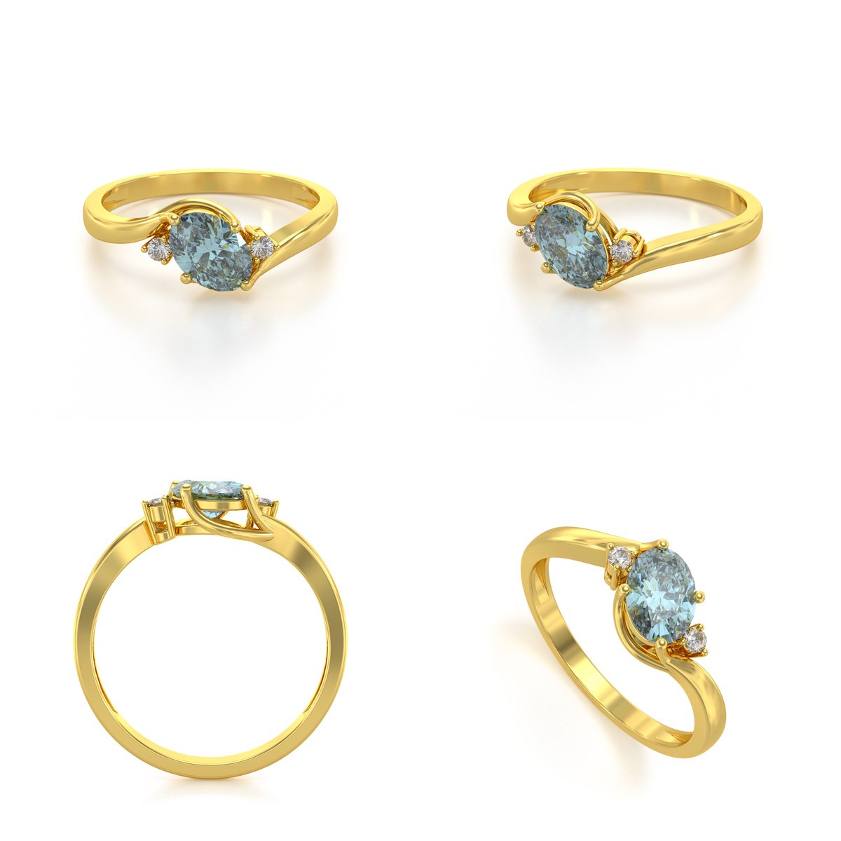 Bague ADEN Or 585 Jaune Aigue-Marine et diamants 1.58grs