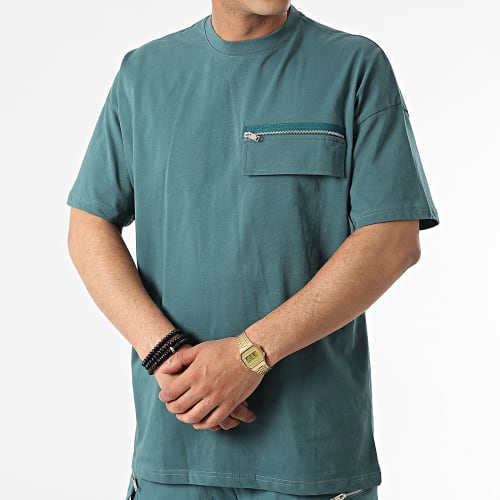 Ensemble Tee Shirt A Poche Poitrine Et Jogger Pant LL655 Bleu Canard