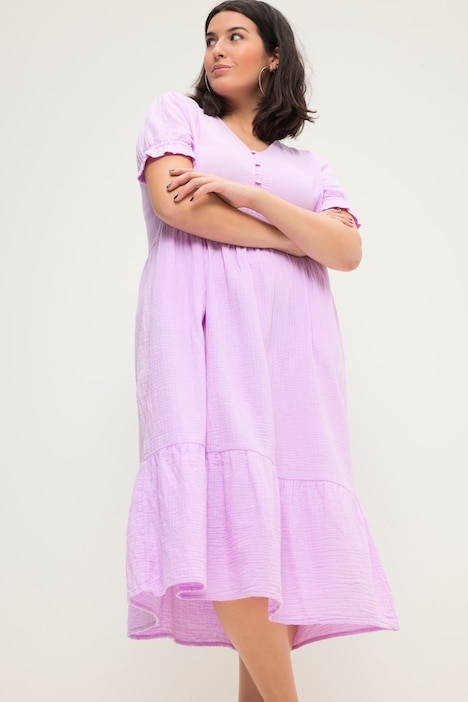 Musselin-Midikleid, A-Line, V-Ausschnitt, Halbarm
