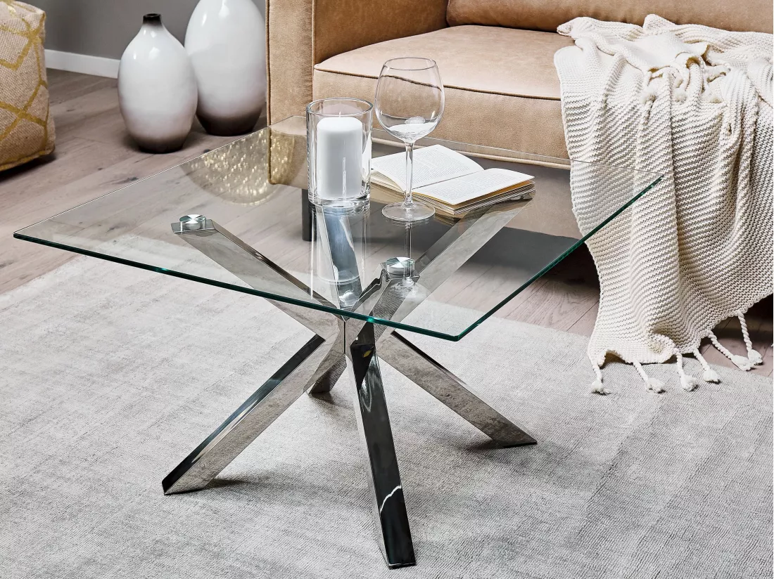 Table basse en verre avec pieds argentés 70 x 70 cm STARLIGHT