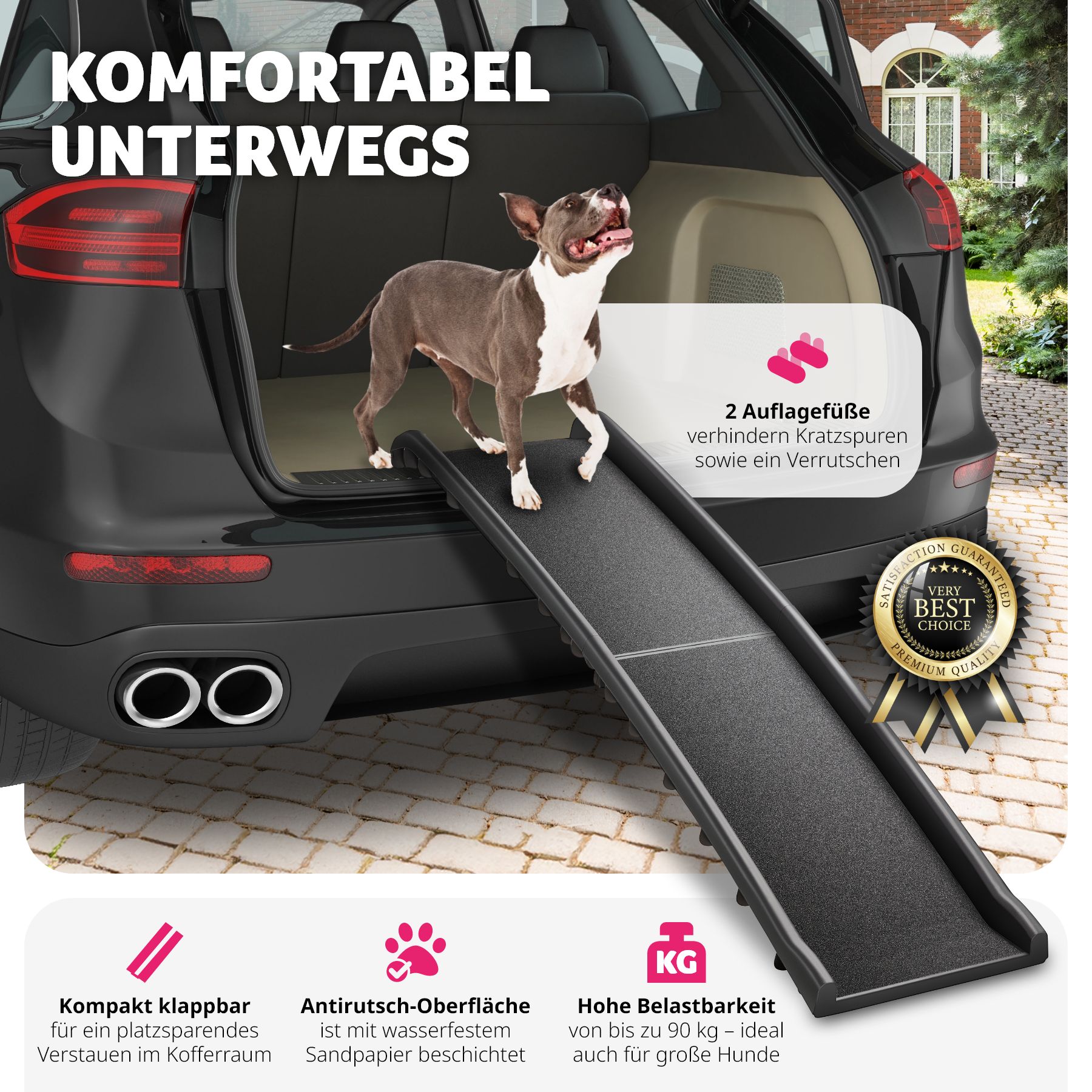 tectake® Hunderampe, klappbar und rutschfest, Belastbarkeit 90 kg, 155 x 40 x 14 cm