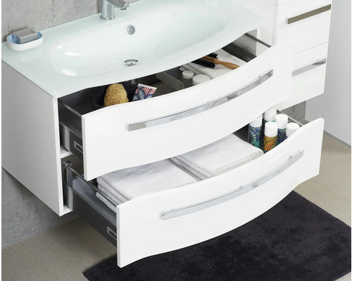 3-delige badkamermeubelset Pelipal xpressline 4005 BxHxD 92 x 200 x 49,1 cm, hoogglans witte fronten, met witte glazen wastafel en glazen wastafelmeubel, wastafelkast, spiegelkast met LED-verlichting, chromen greep, 992.0900111 9920900111