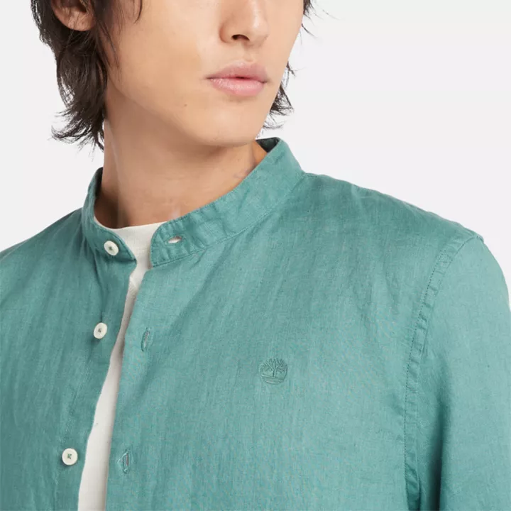 Chemise en lin Mill Brook à col Mao pour homme en bleu sarcelle