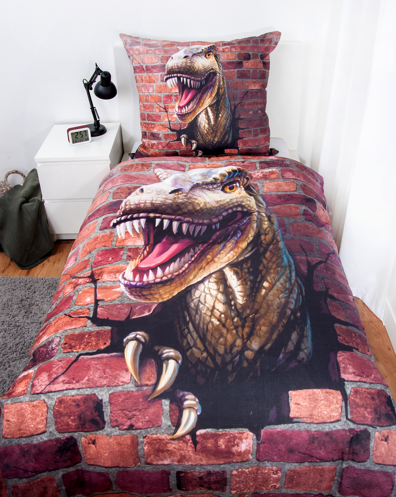 Kinderbettwäsche DINO 3D - rot - grau - 135x200 cm