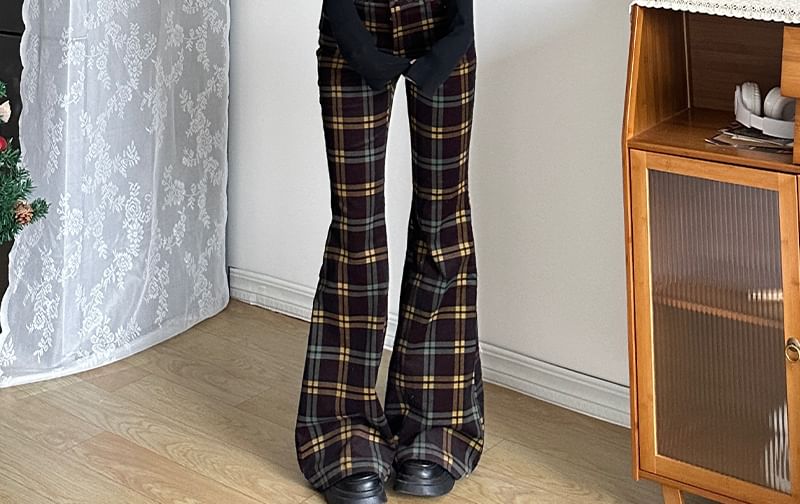 GAGAO - Middelhoge geruite corduroy uitlopende broek