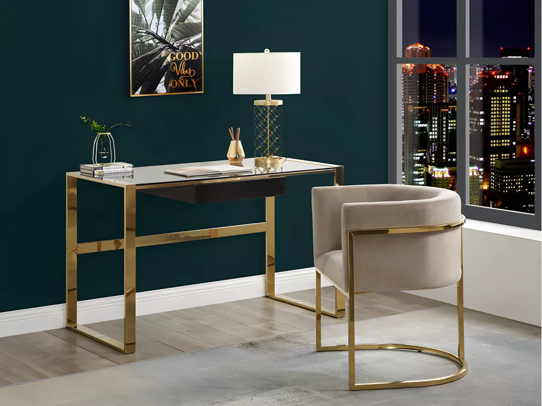Lot de 6 chaises avec accoudoirs - Velours et acier inoxydable - Beige et doré - PERIA de Pascal MORABITO