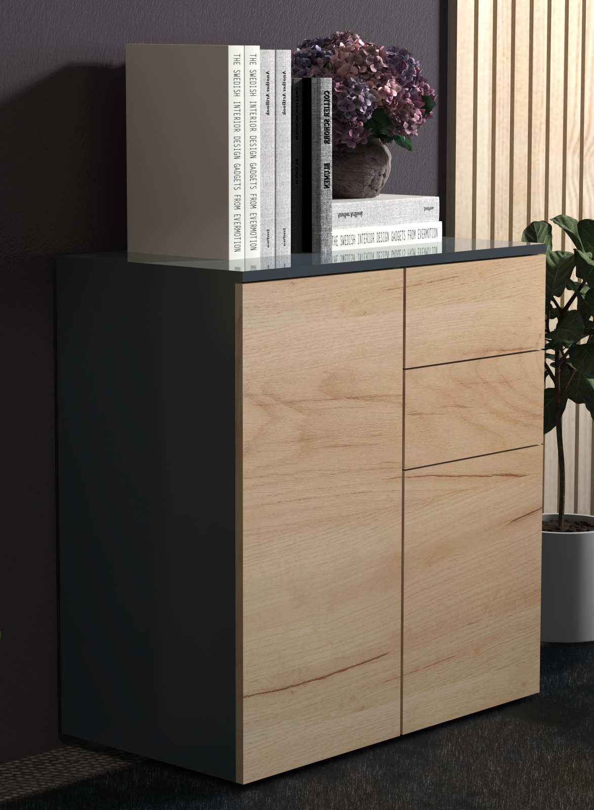 Kommode DALOSA - anthrazit-Honig Eiche - 2 Schubladen und 4 Fächer - 70 cm