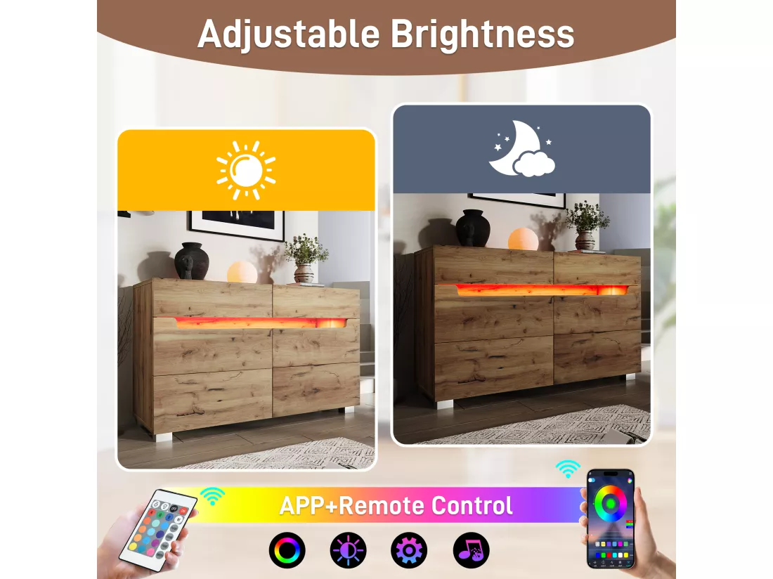 Commode avec LED - 6 tiroirs - effet brillant - Naturel
