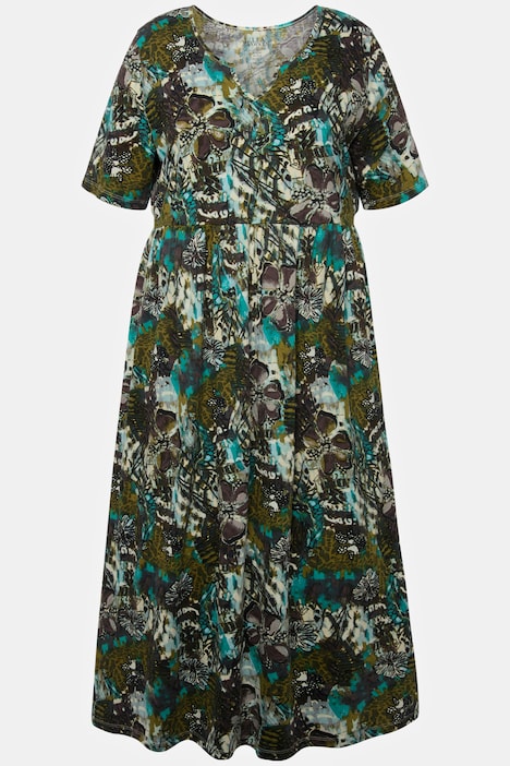 Jerseykleid, Blüten, A-Linie, Tunika-Ausschnitt, Halbarm