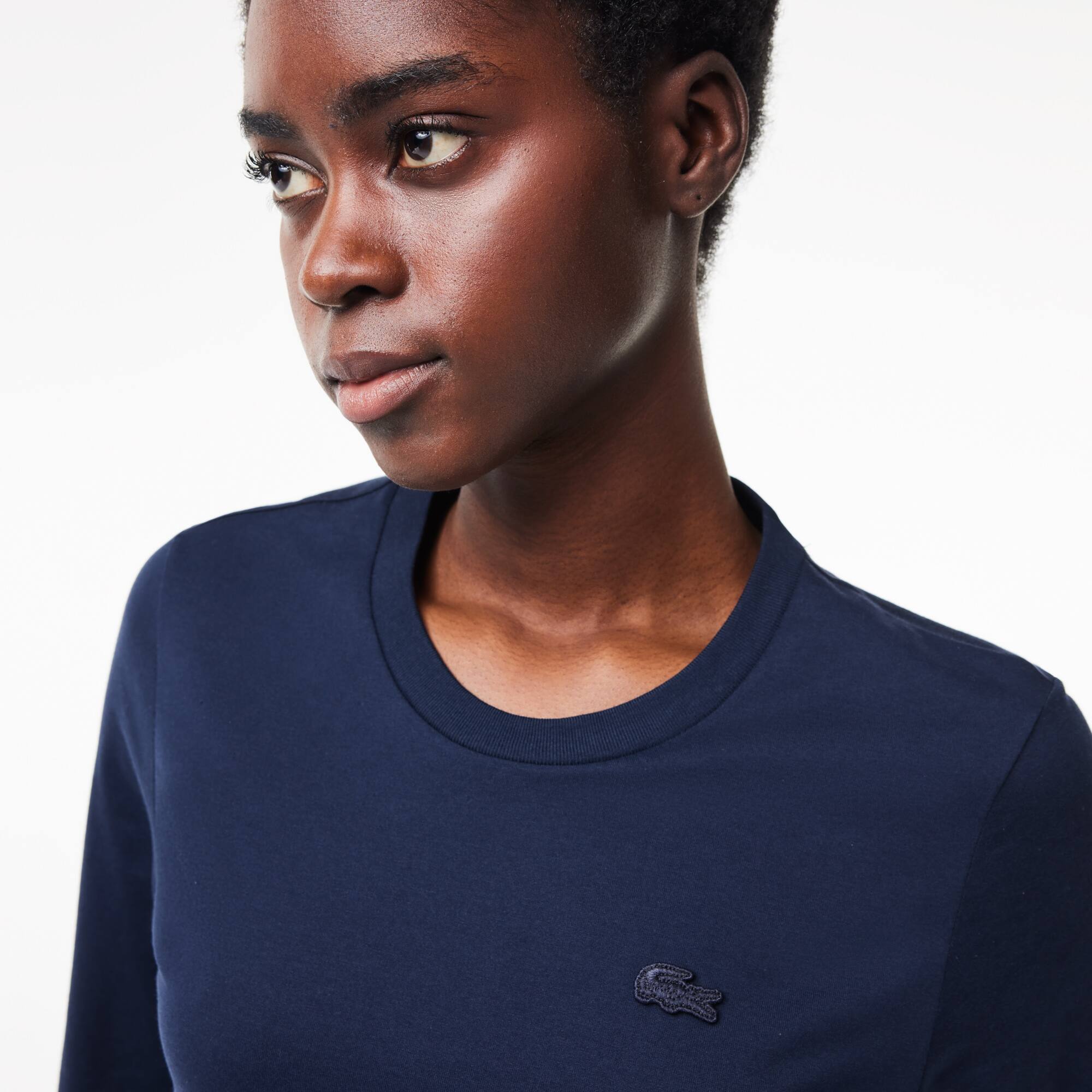 T-shirt à col rond et manches trois-quarts en coton uni T-Shirts - Bleu - Lacoste - Femme