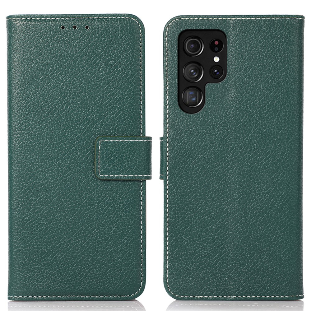 Samsung Galaxy S24 Ultra Leder Tasche Flip Cover Litchi Look - Dunkelgrün