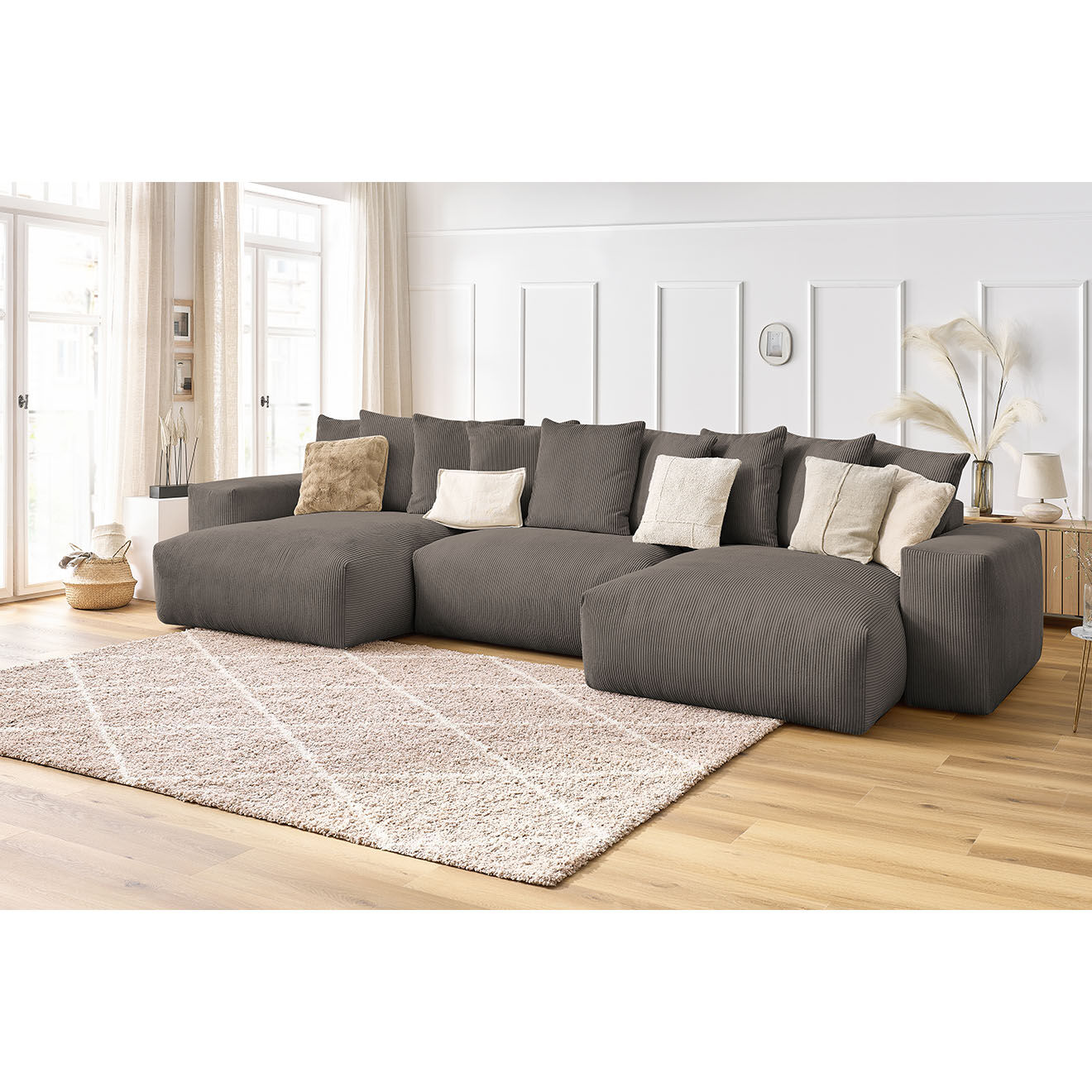 Bobochic Canapé panoramique fixe ultra moelleux voltaire velours côtelé taupe - 420x174x75 cm