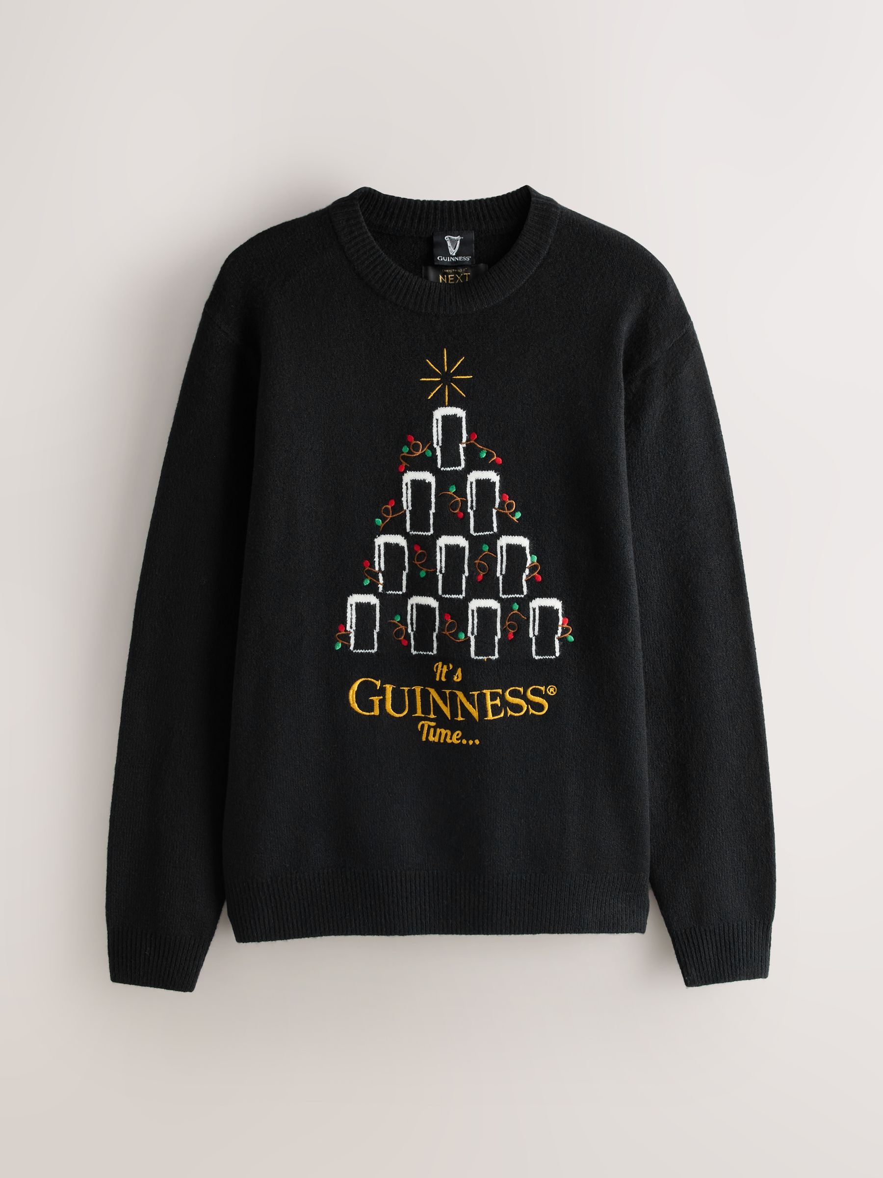 Zwart - Regular fit Guinness Kerstmis trui met wol en Ronde hals
