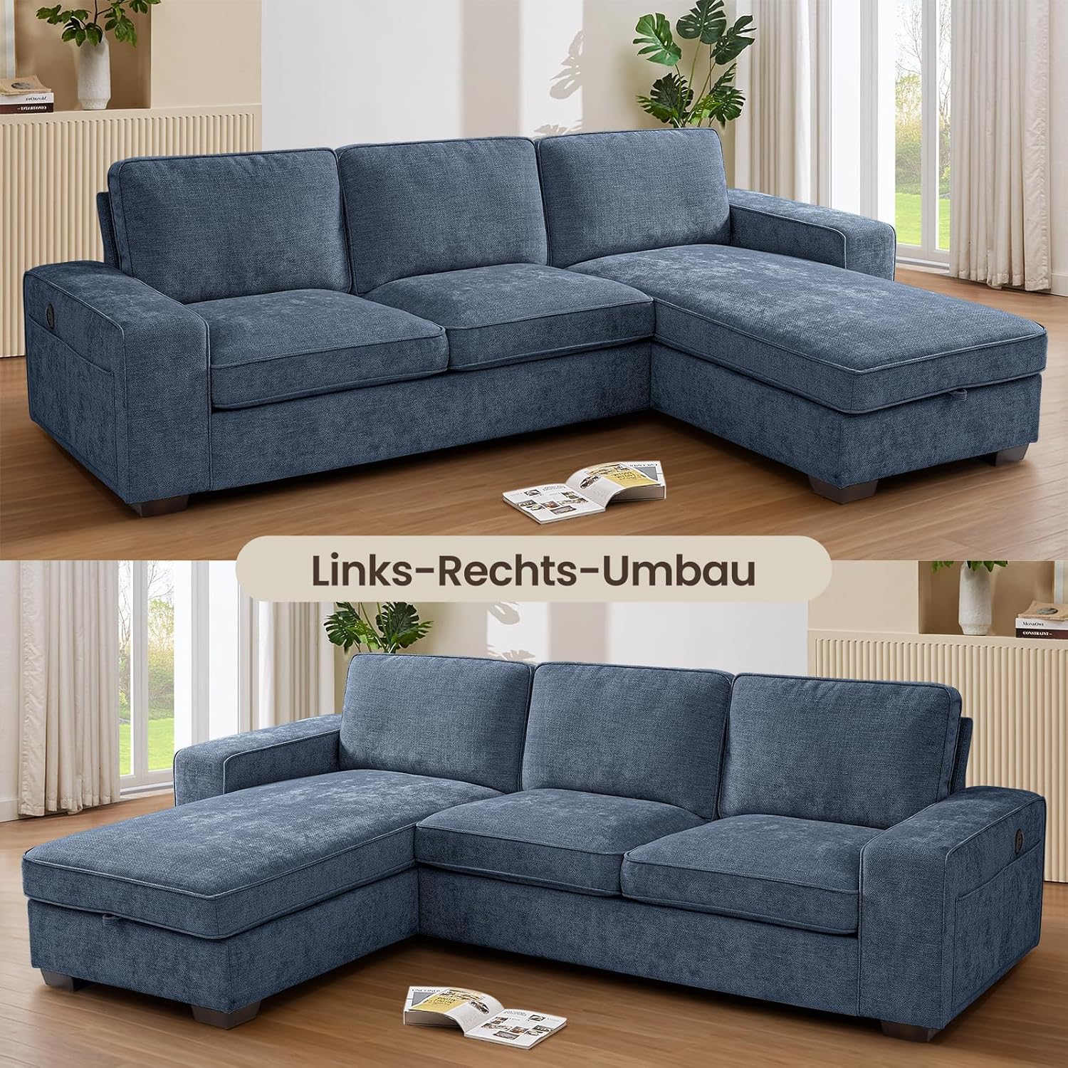 250CM Convertible Sektionssofa Couch mit Chaise Lagerung, Moderne L-förmige Reversible Design, Bequeme Chenille Stoff, abnehmbare Kissenbezüge USB Type-C Ports (Blue, 3-sitzer L-Form)