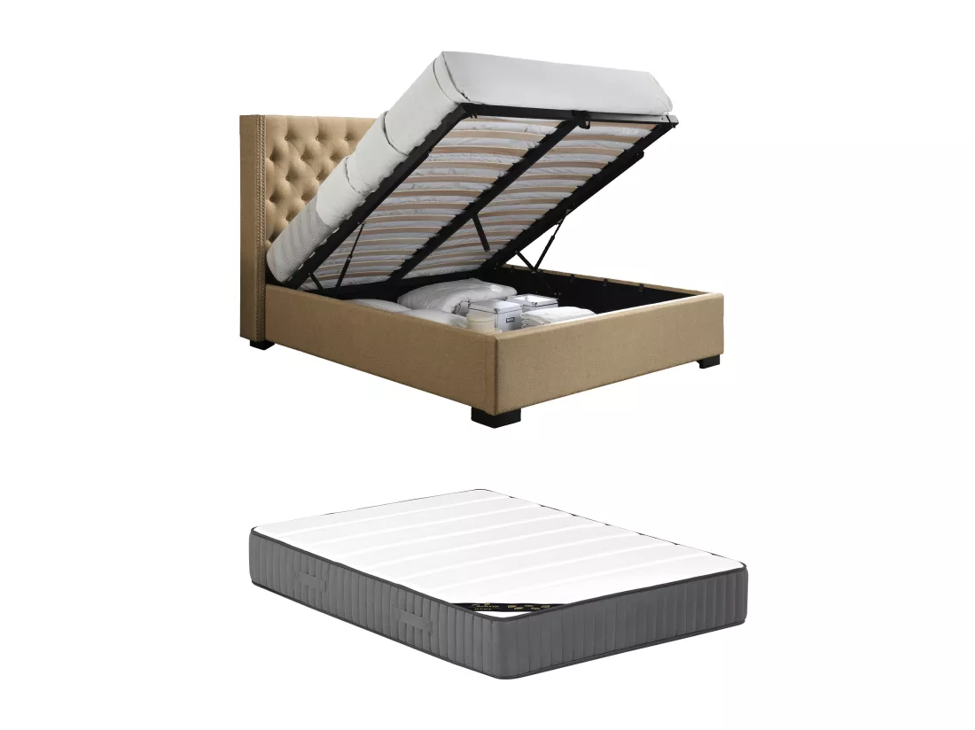 Lit coffre 180 x 200 cm avec tête de lit capitonnée - Tissu - Beige + Matelas - MASSIMO