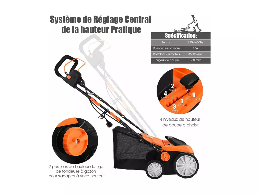 Scarificateur de Pelouse Électrique de 13A, avec Double Interrupteur de Sécurité Réglable à 4 Niveaux Sac de Ramassage de 50 L, Scarificateur et Aérateur Filaire avec 2 Lames (Orange)