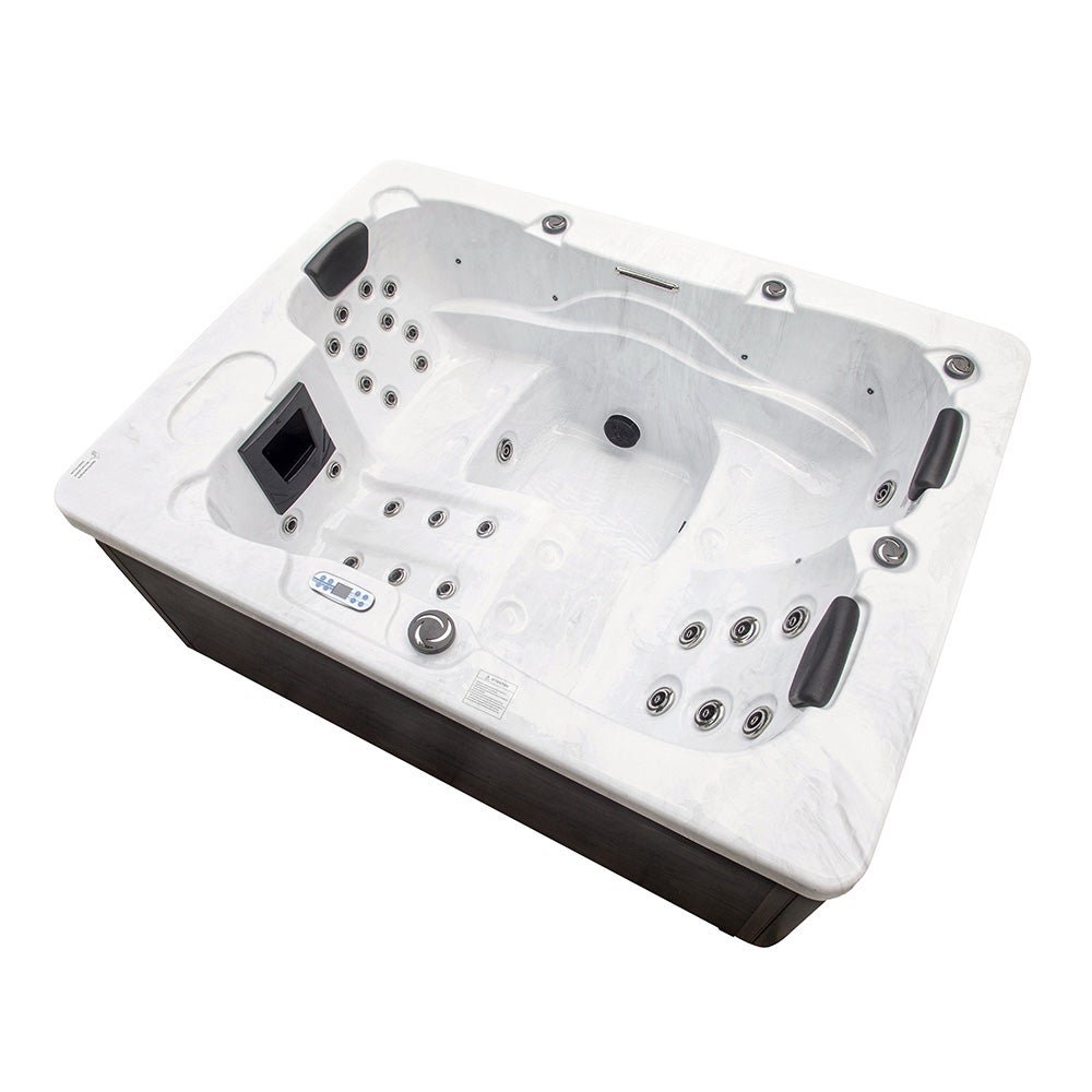 Home Deluxe - Buitenwhirlpool - Wit marmer met traptreden en thermische afdekking - Afmetingen 210 x 160 x 85 cm - Incl. verwarming, 27 massagestralen en 9 lampen | Buitenwhirlpool voor 3 personen