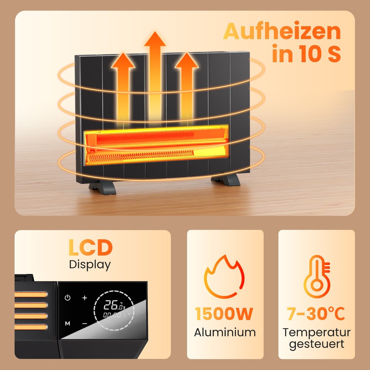EMKE Elektrische Radiator Antraciet Platte Radiator Aluminium Staand/Wandmontage, WiFi Bediening LCD Display Timer Functie Elektrische Verwarming 1500W